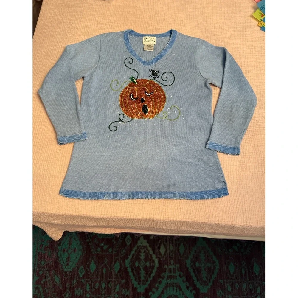 Vintage 90s Quacker Factory Halloween Sweater Size M Pumpkin Spider Sequins Stud